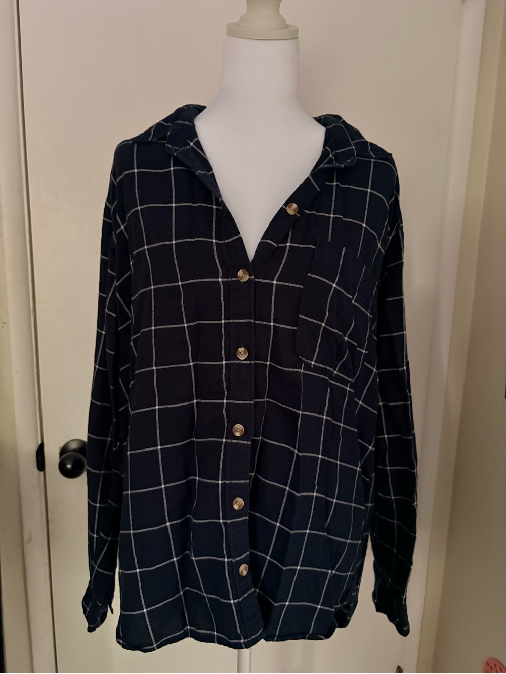Abercrombie & Fitch Navy Windowpane Hooded Button-Down Shirt